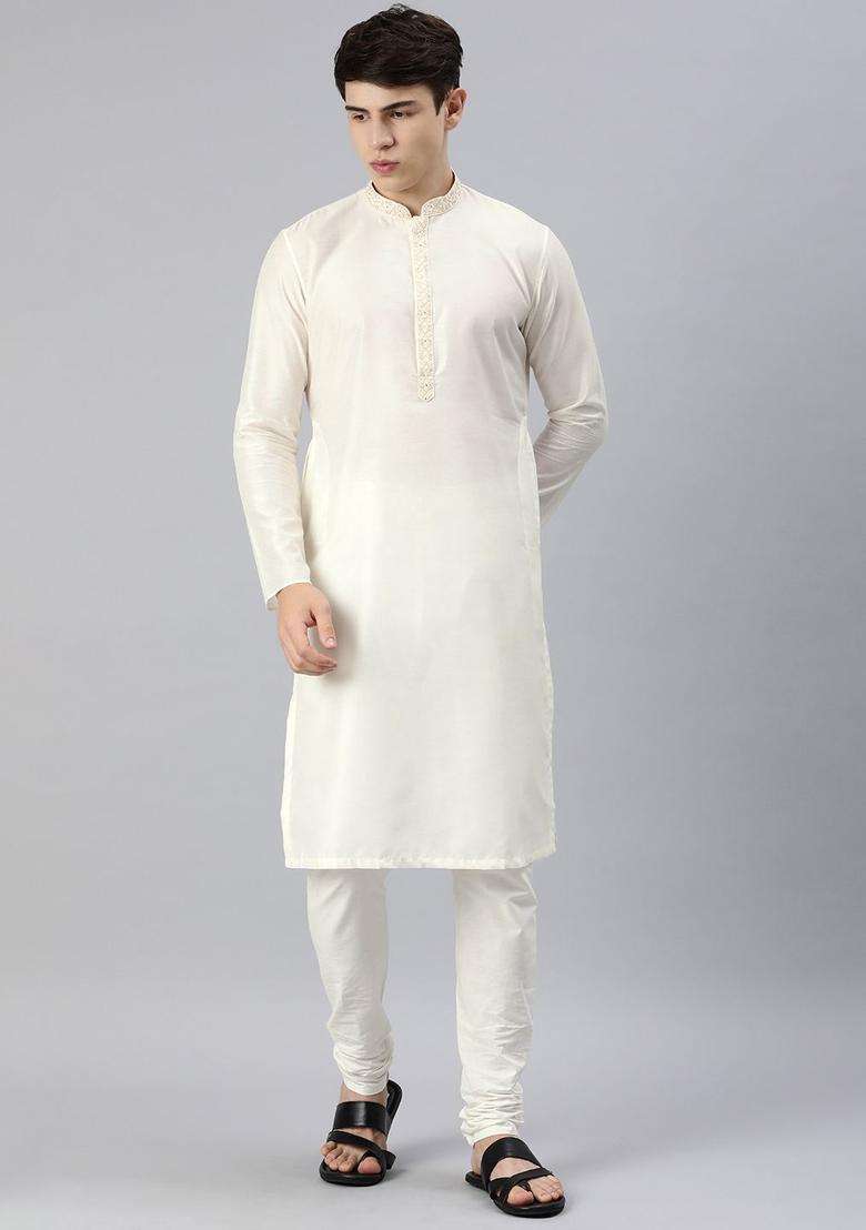 Cream Solid Silk Blend Kurta Set For Men - Indya