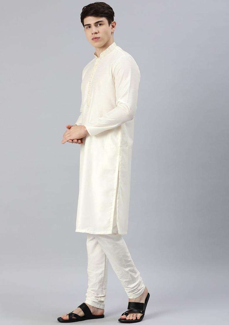 Cream Solid Silk Blend Kurta Set For Men - Indya