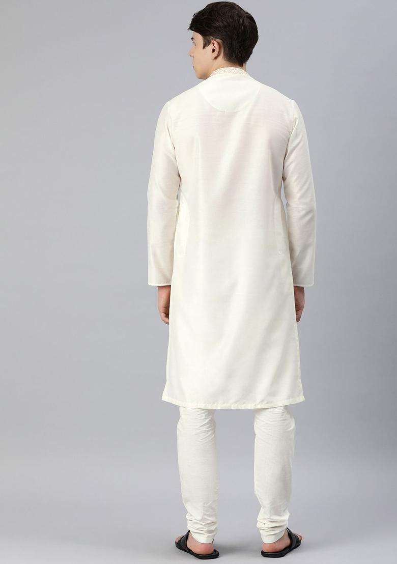 Cream Solid Silk Blend Kurta Set For Men - Indya