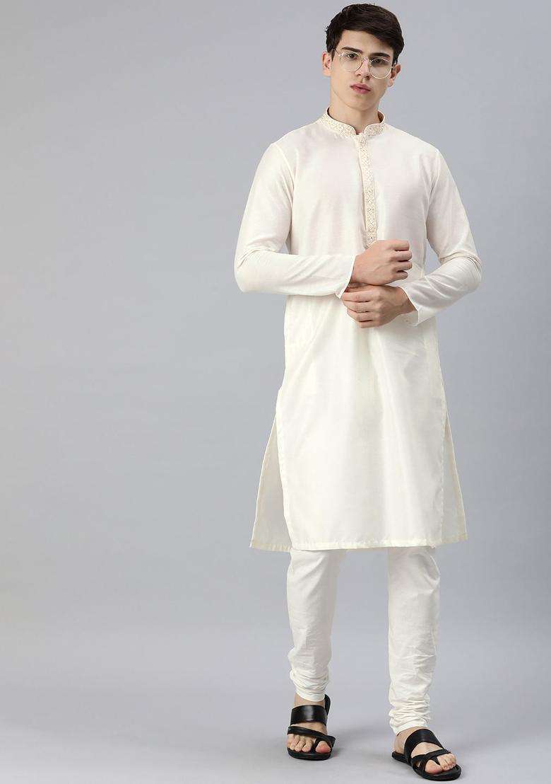 Cream Solid Silk Blend Kurta Set For Men - Indya