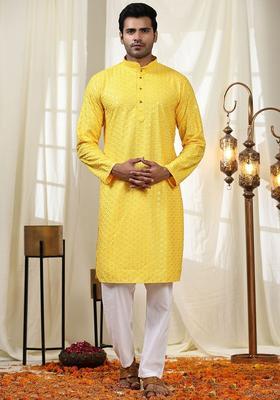 Yellow Embroidered Cotton Kurta Set For Men
