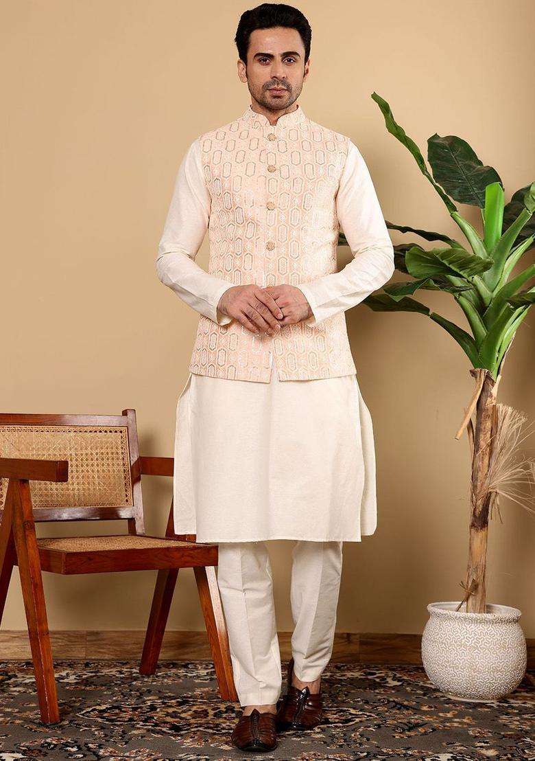 Peach Solid Silk Kurta Set For Men - Indya