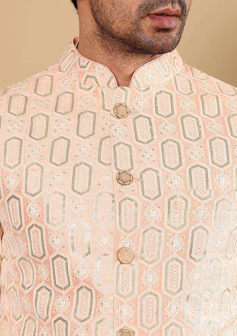 Peach Solid Silk Kurta Set For Men - Indya