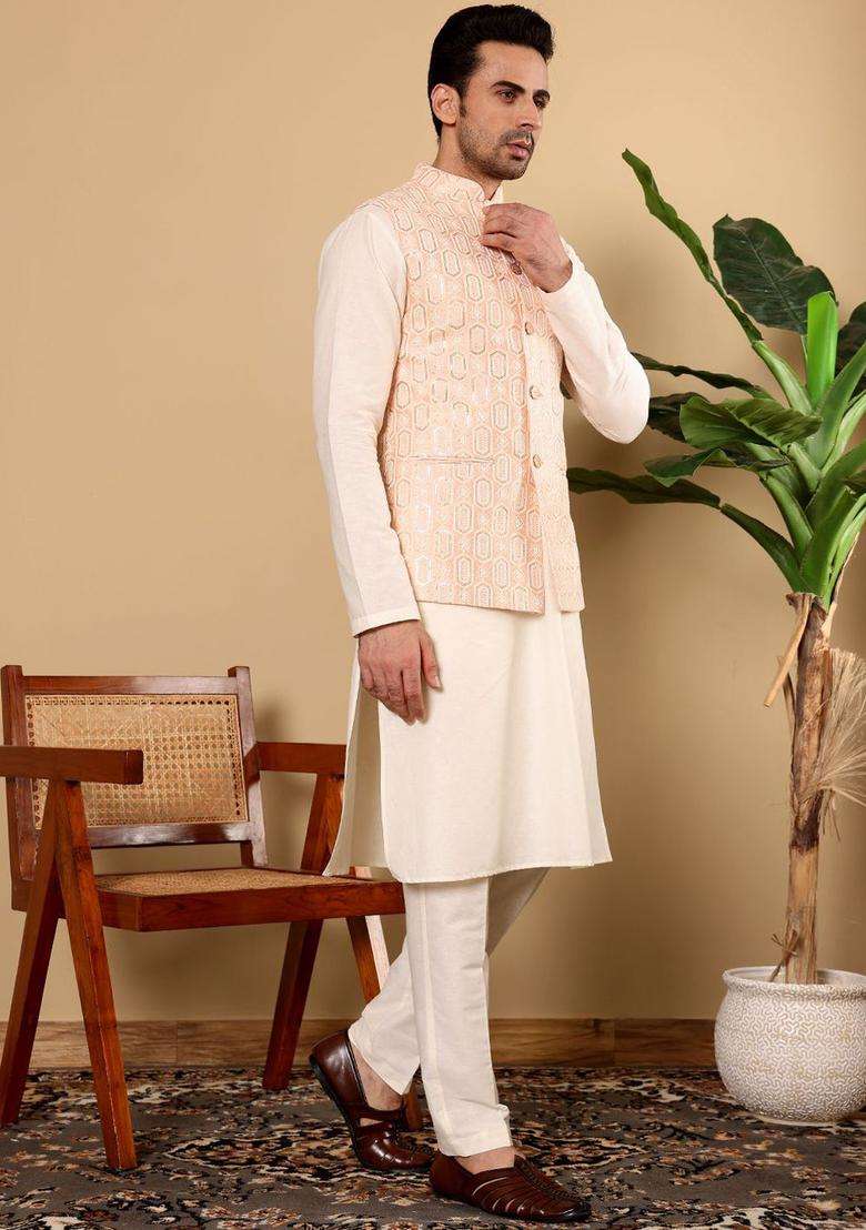 Peach Solid Silk Kurta Set For Men - Indya