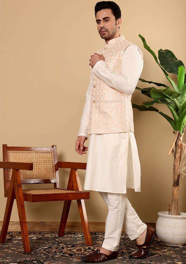 Peach Solid Silk Kurta Set For Men - Indya