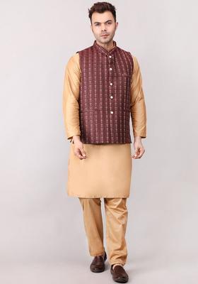 Maroon Woven Design Cotton Kurta Set For Men