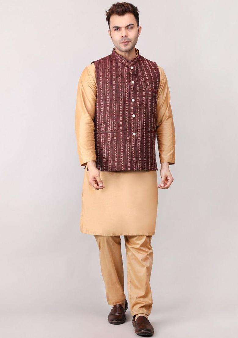Maroon Woven Design Cotton Kurta Set For Men - Indya