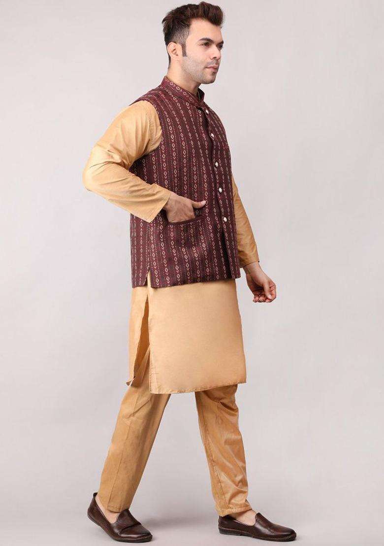 Maroon Woven Design Cotton Kurta Set For Men - Indya
