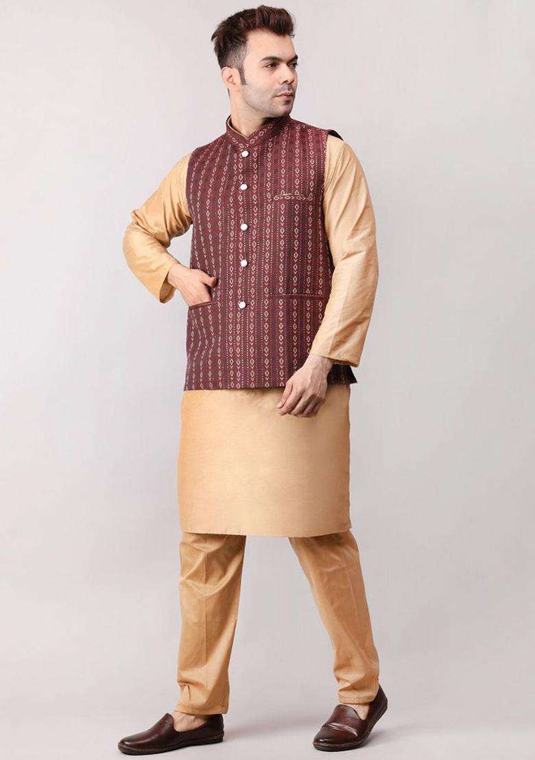 Maroon Woven Design Cotton Kurta Set For Men - Indya