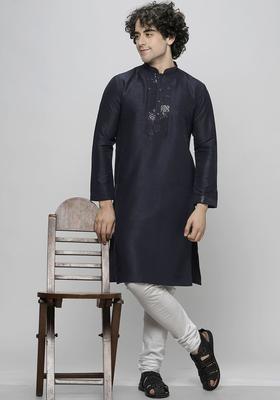 Navy Blue Embroidered Cotton Kurta Set For Men