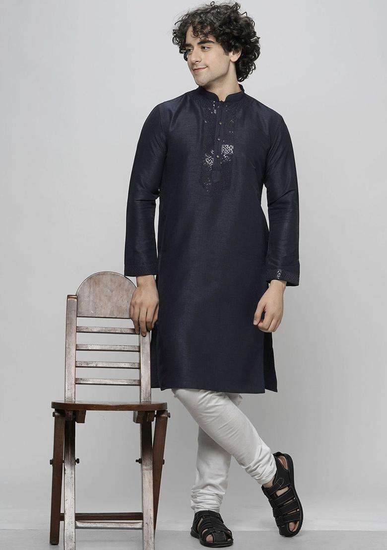 Navy Blue Embroidered Cotton Kurta Set For Men - Indya