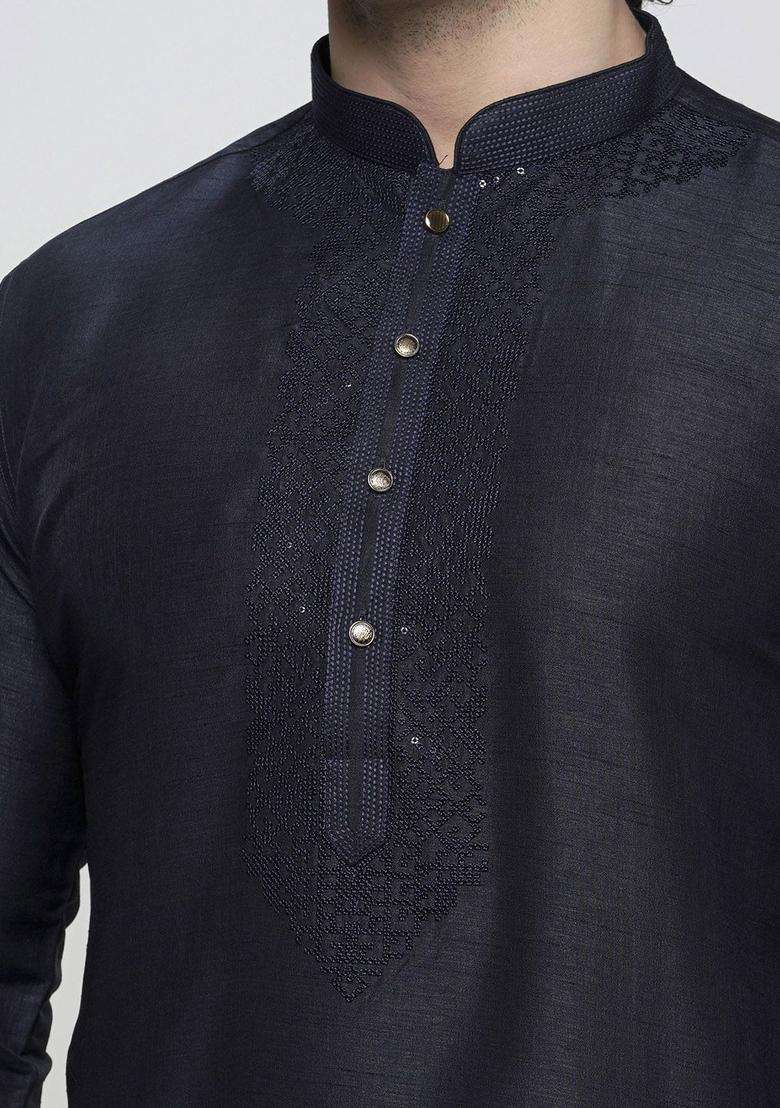 Navy Blue Embroidered Cotton Kurta Set For Men - Indya