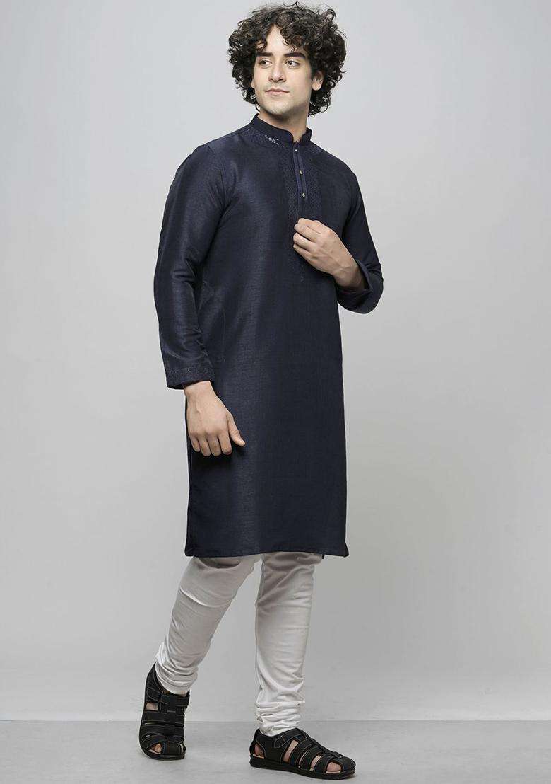 Navy Blue Embroidered Cotton Kurta Set For Men - Indya