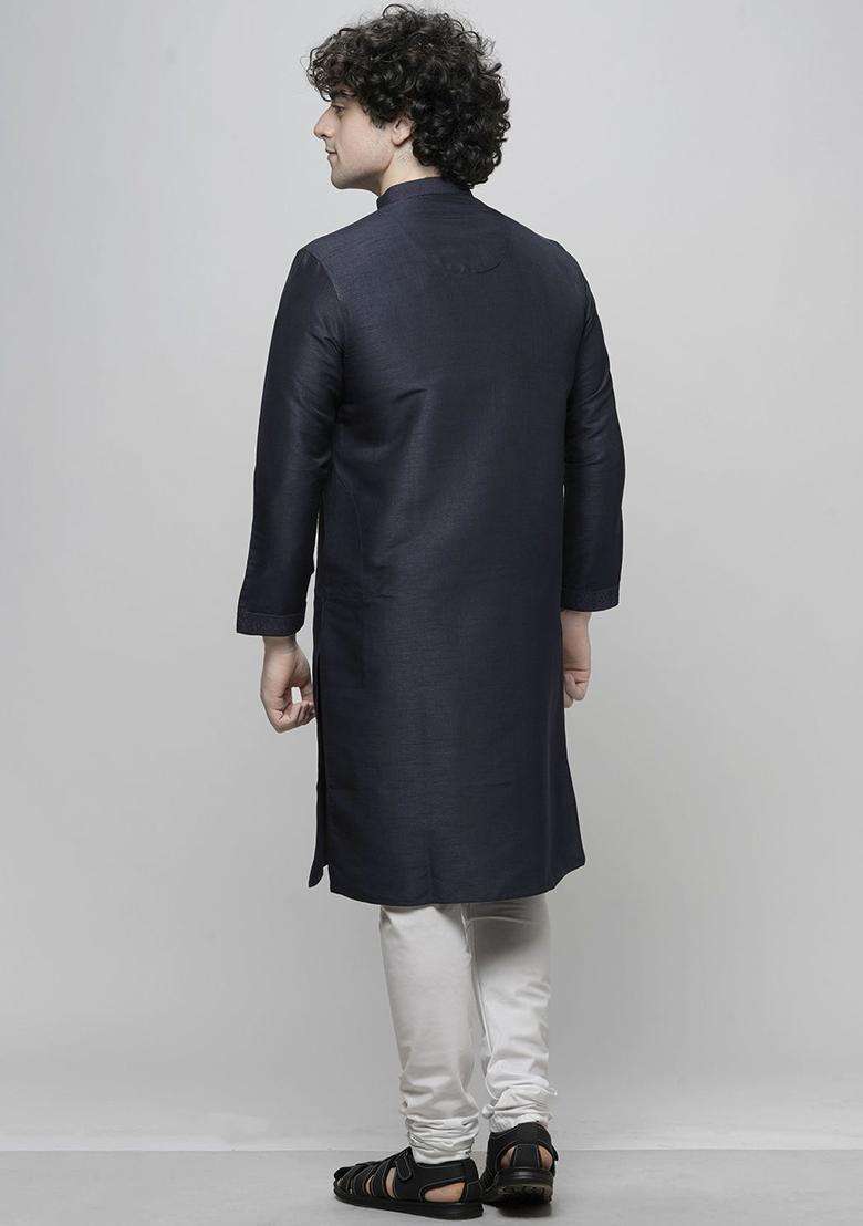 Navy Blue Embroidered Cotton Kurta Set For Men - Indya