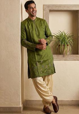 Olive Embroidered Cotton Kurta Set For Men