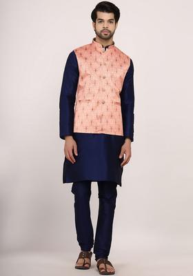 Navy Blue Solid Silk Kurta Set For Men