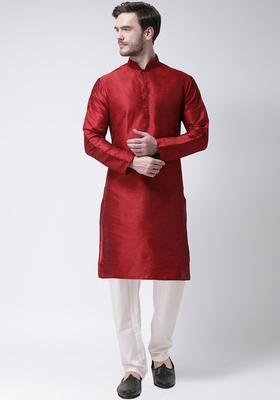 Maroon Solid Silk Kurta Set For Men
