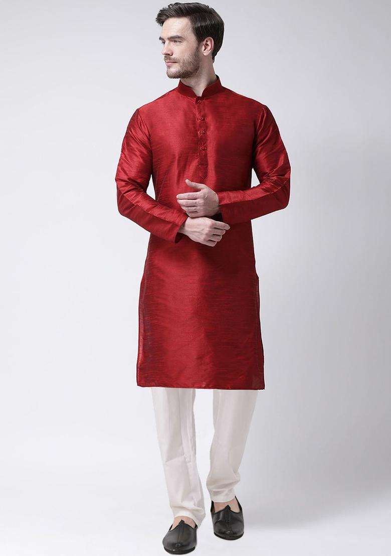 Maroon Solid Silk Blend Kurta Set For Men - Indya