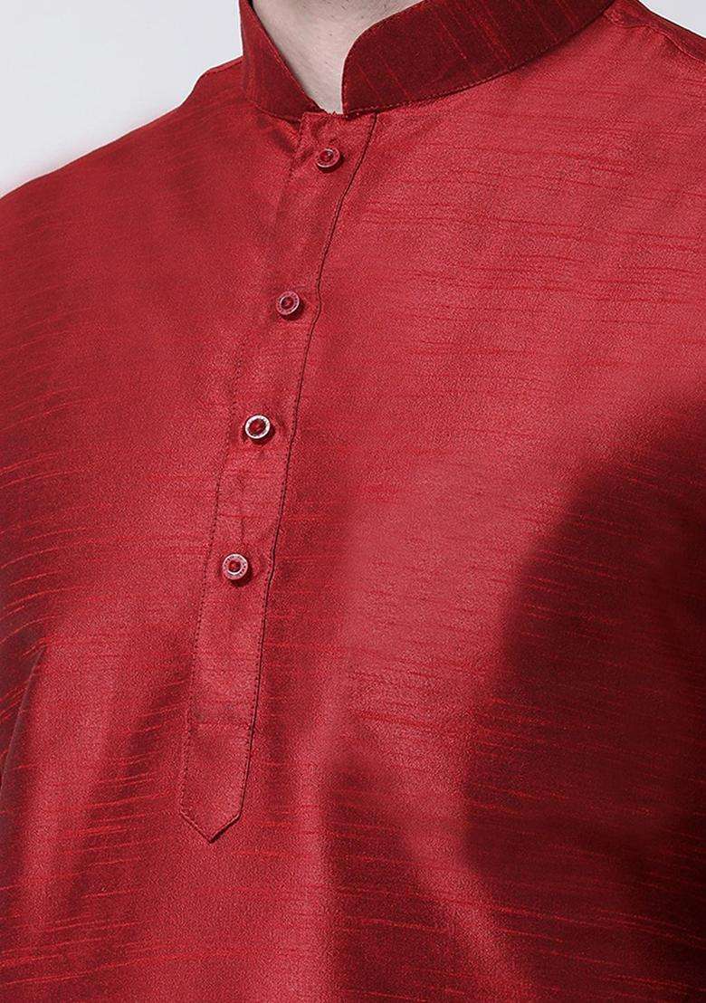 Maroon Solid Silk Blend Kurta Set For Men - Indya