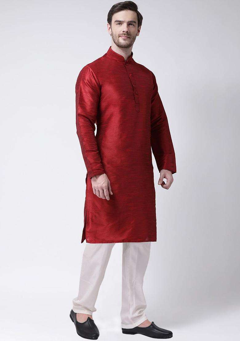 Maroon Solid Silk Blend Kurta Set For Men - Indya