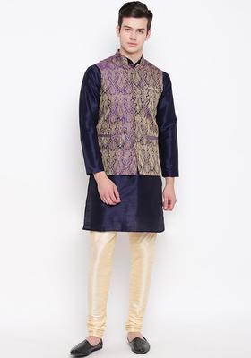Navy Blue Solid Silk Kurta Set For Men