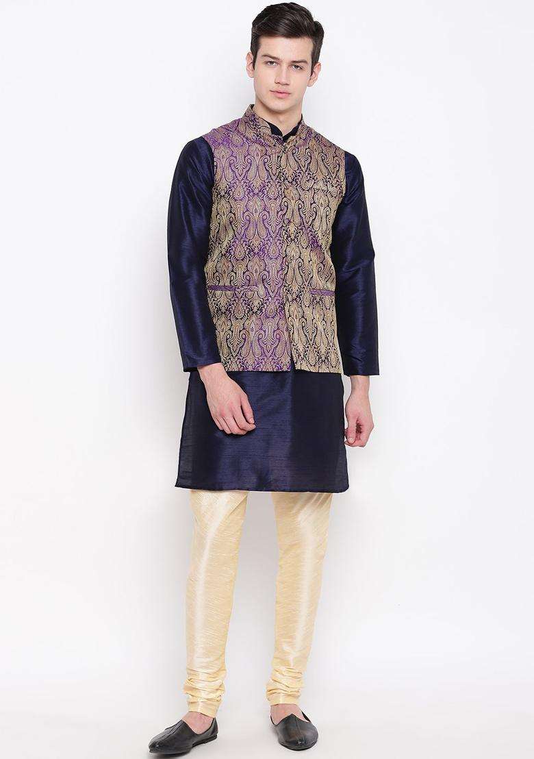 Navy Blue Solid Silk Blend Kurta Set For Men - Indya