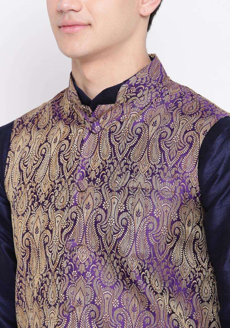 Navy Blue Solid Silk Blend Kurta Set For Men - Indya