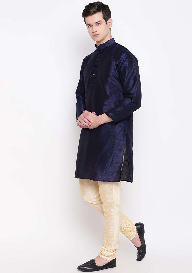 Navy Blue Solid Silk Blend Kurta Set For Men - Indya
