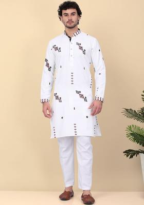 White Embroidered Linen Kurta Set For Men