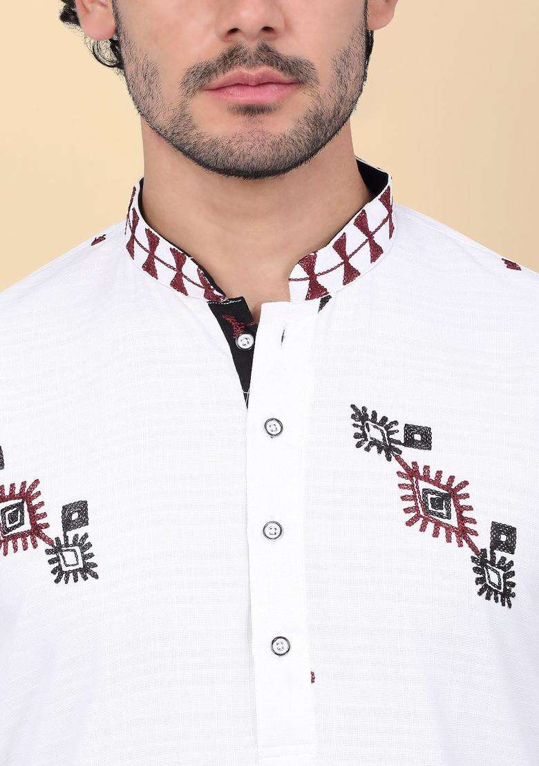 White Embroidered Linen Kurta Set For Men - Indya