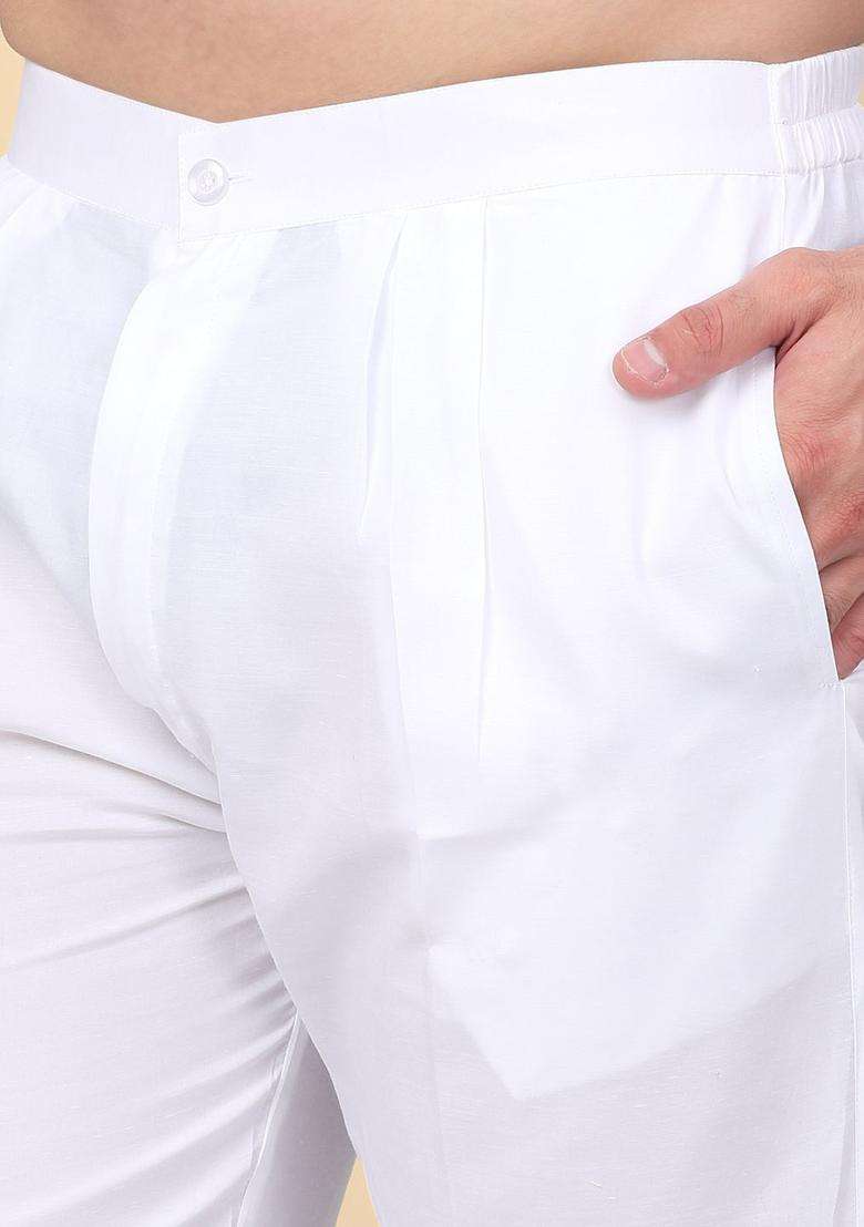 White Embroidered Linen Kurta Set For Men - Indya