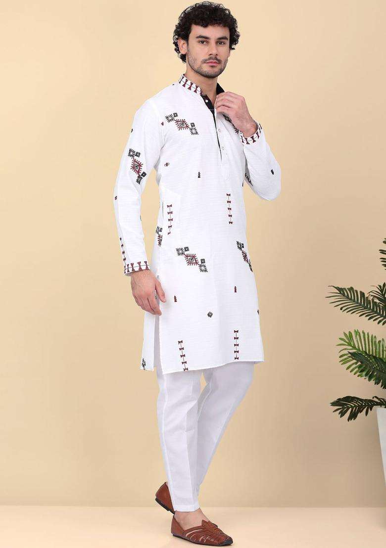 White Embroidered Linen Kurta Set For Men - Indya