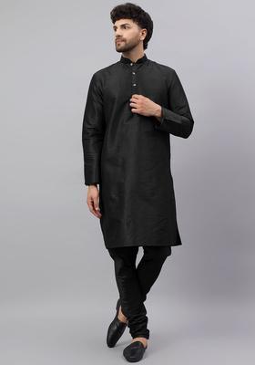 Black Solid Silk Kurta Set For Men