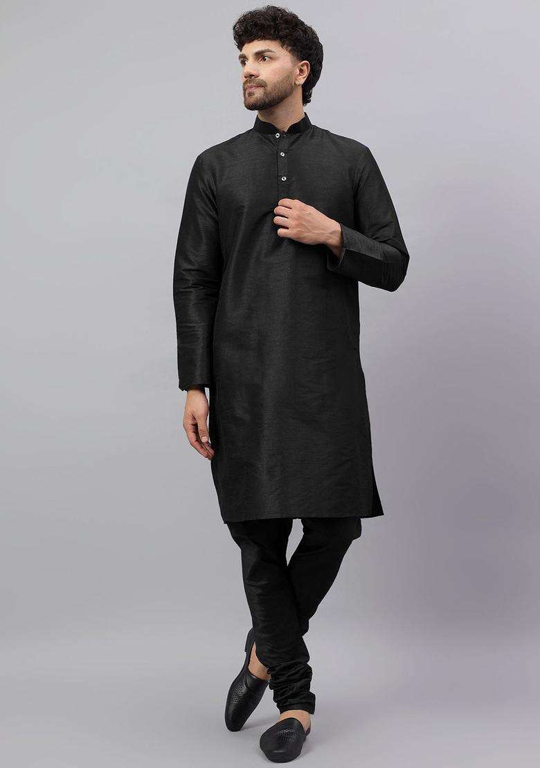 Black Solid Silk Kurta Set For Men - Indya