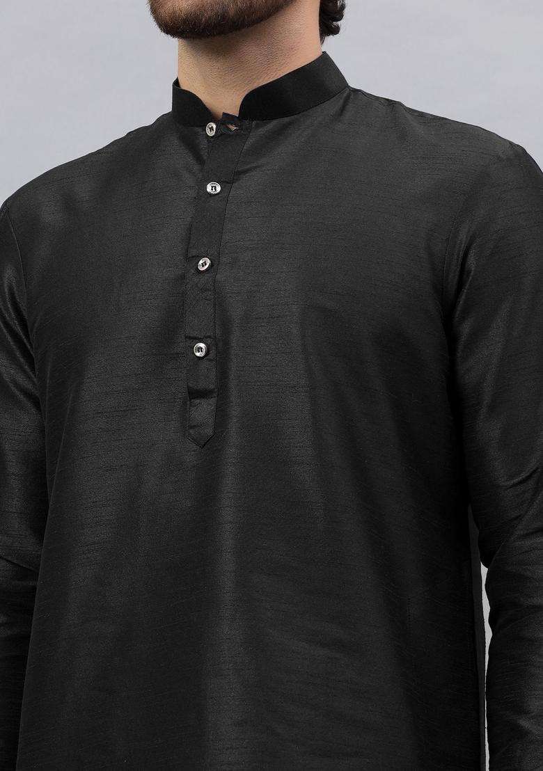 Black Solid Silk Kurta Set For Men - Indya