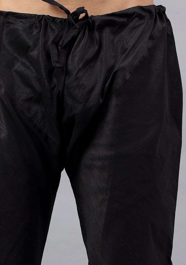 Black Solid Silk Kurta Set For Men - Indya