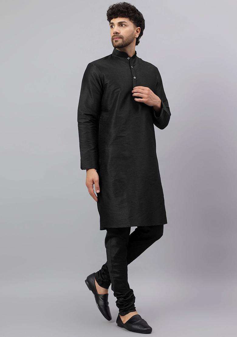Black Solid Silk Kurta Set For Men - Indya