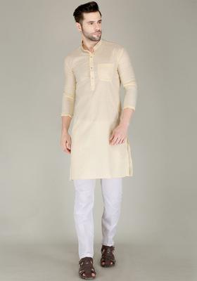Beige Solid Cotton Kurta Set For Men