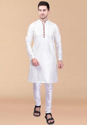 White Solid Silk Kurta Set For Men