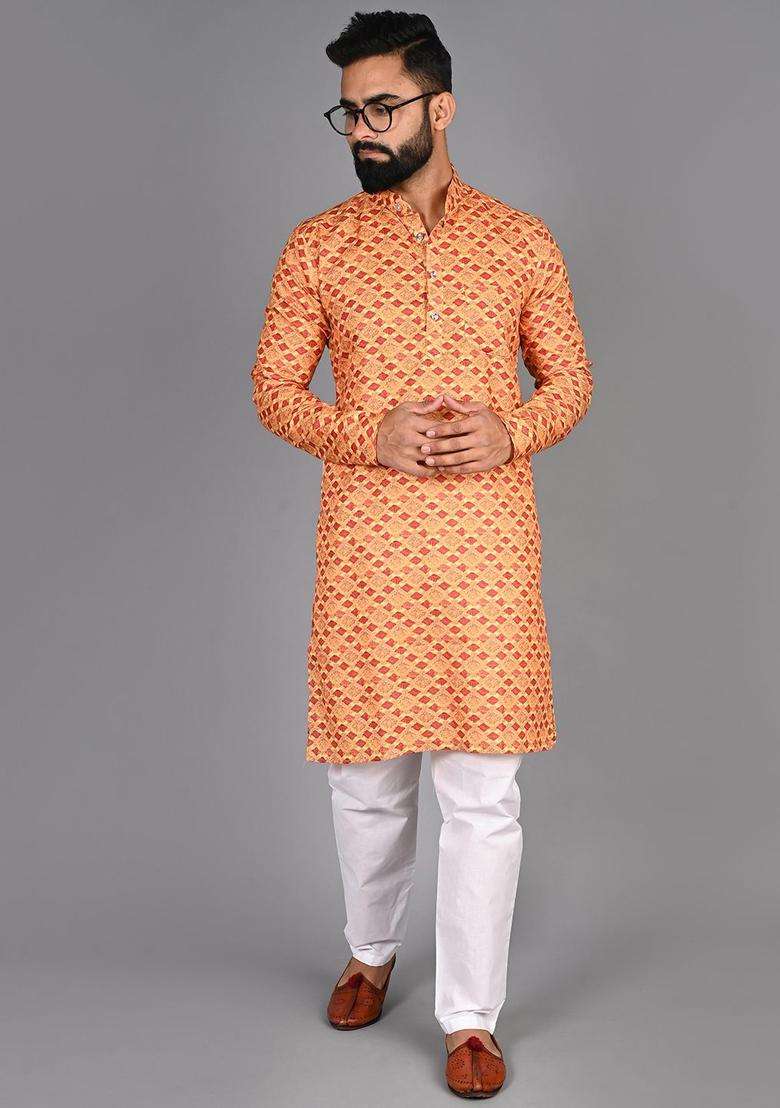 Yellow Printed Cotton Kurta Set For Men - Indya