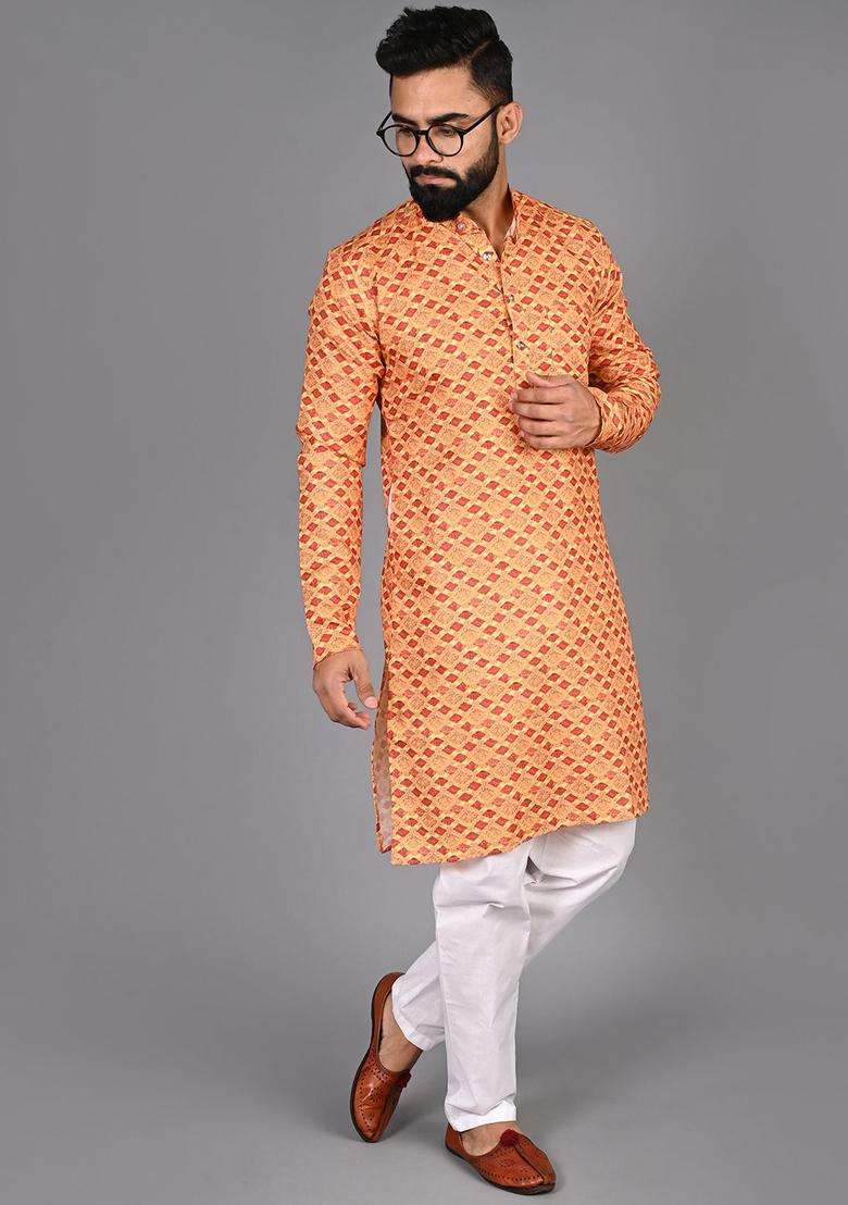 Yellow Printed Cotton Kurta Set For Men - Indya