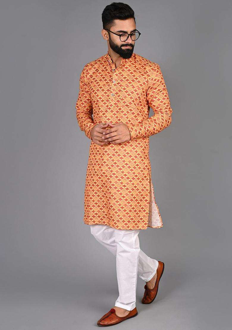 Yellow Printed Cotton Kurta Set For Men - Indya