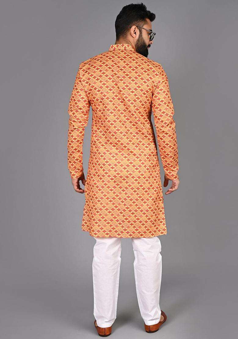 Yellow Printed Cotton Kurta Set For Men - Indya