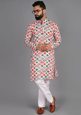 Purple Printed Cotton Kurta Set For Men