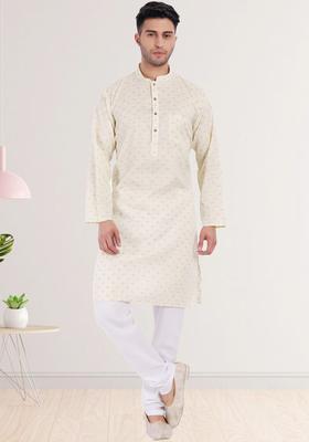 Off White Printed Cotton Kurta Set For Men