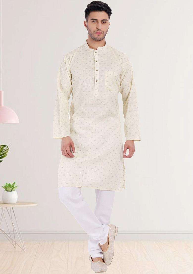 Off White Printed Cotton Kurta Set For Men - Indya