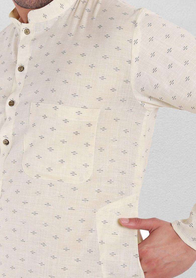 Off White Printed Cotton Kurta Set For Men - Indya