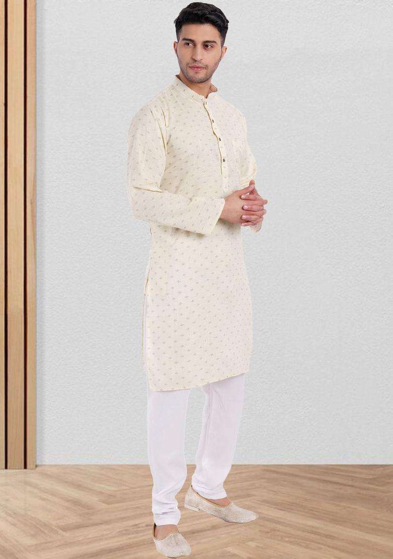 Off White Printed Cotton Kurta Set For Men - Indya