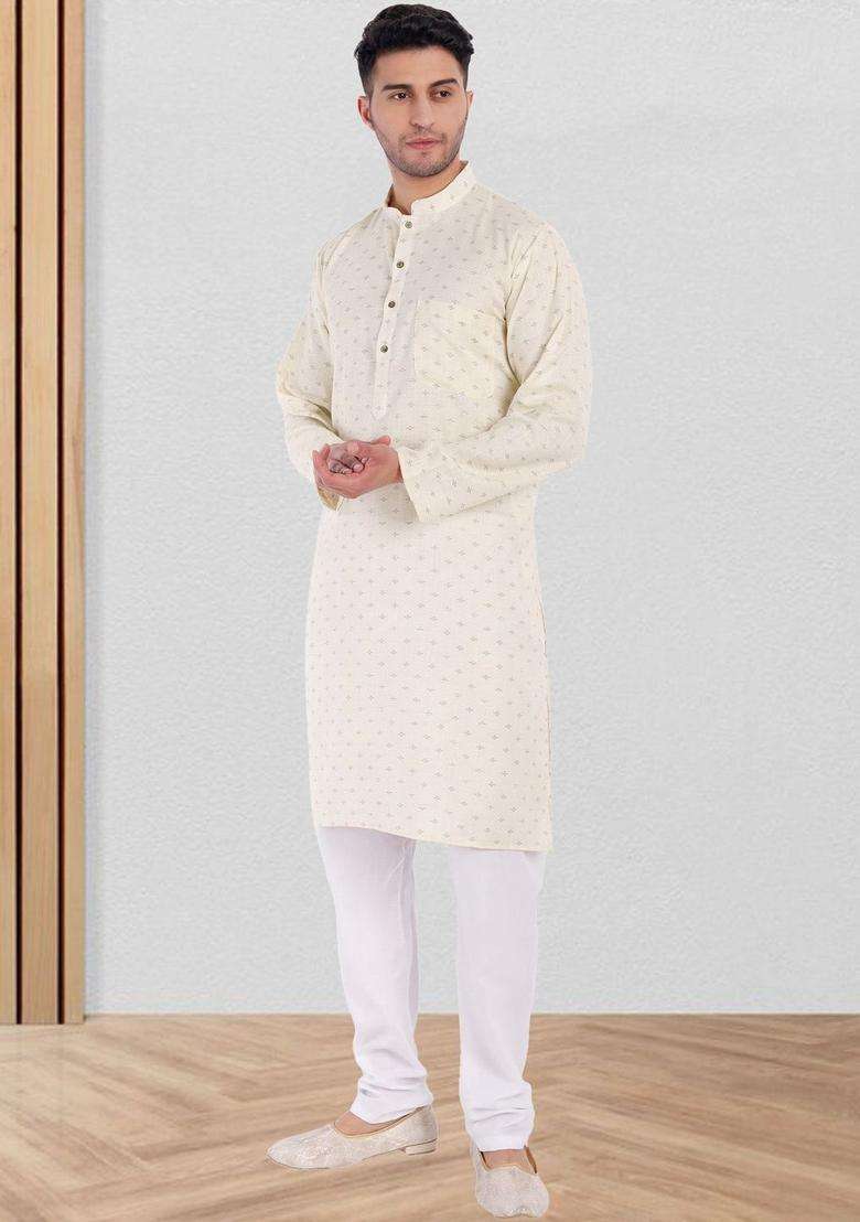 Off White Printed Cotton Kurta Set For Men - Indya