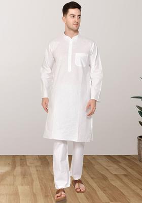 White Solid Cotton Kurta Set For Men